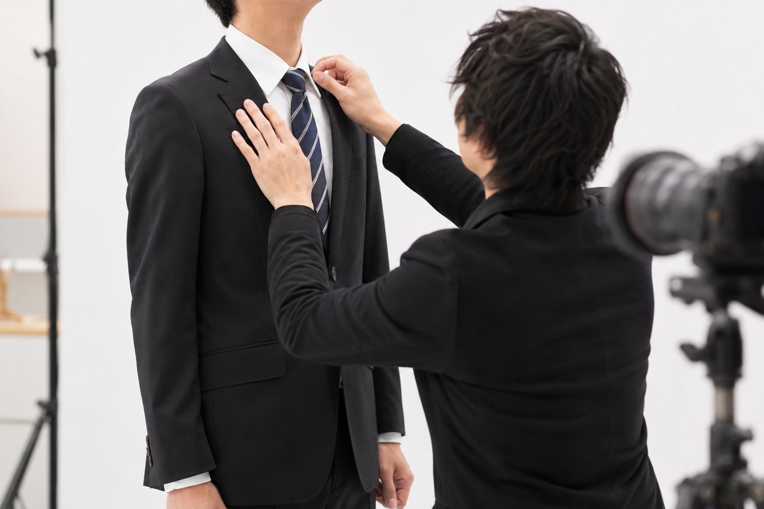 撮影前の身だしなみチェック（ネクタイを整えるスタッフ）