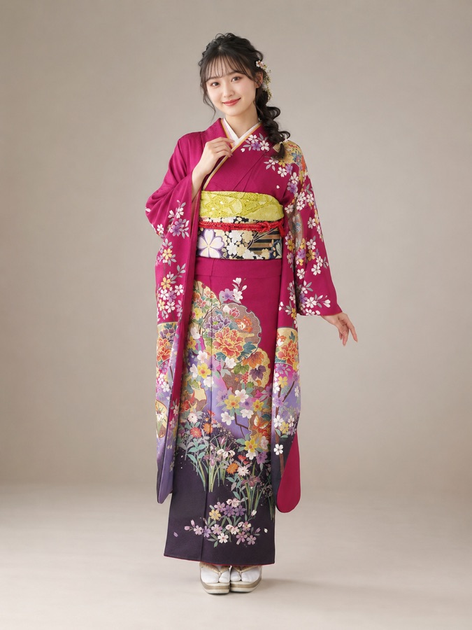 紫紅色の振袖(多色の花柄)