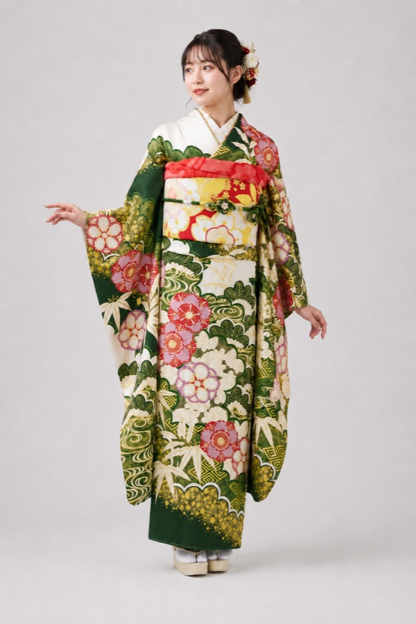 深緑の振袖(着用イメージ)