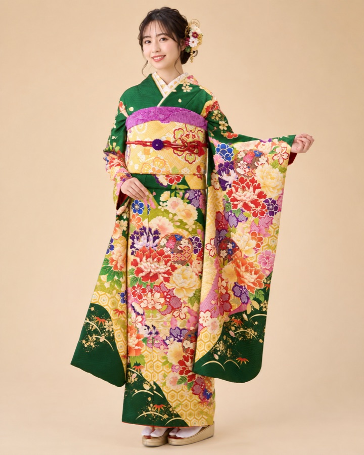 緑色の振袖(着用イメージ)