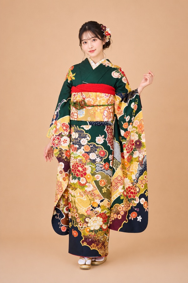 深緑の振袖(着用イメージ)