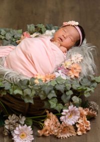 花に囲まれて、おくるみで眠る赤ちゃん
