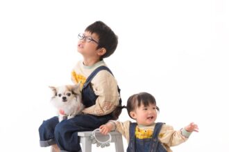 きょうだいとチワワが一緒に写った七五三の記念写真